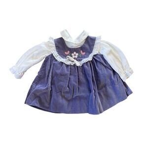 Vintage purple‎ velour floral embroidered collared infant dress